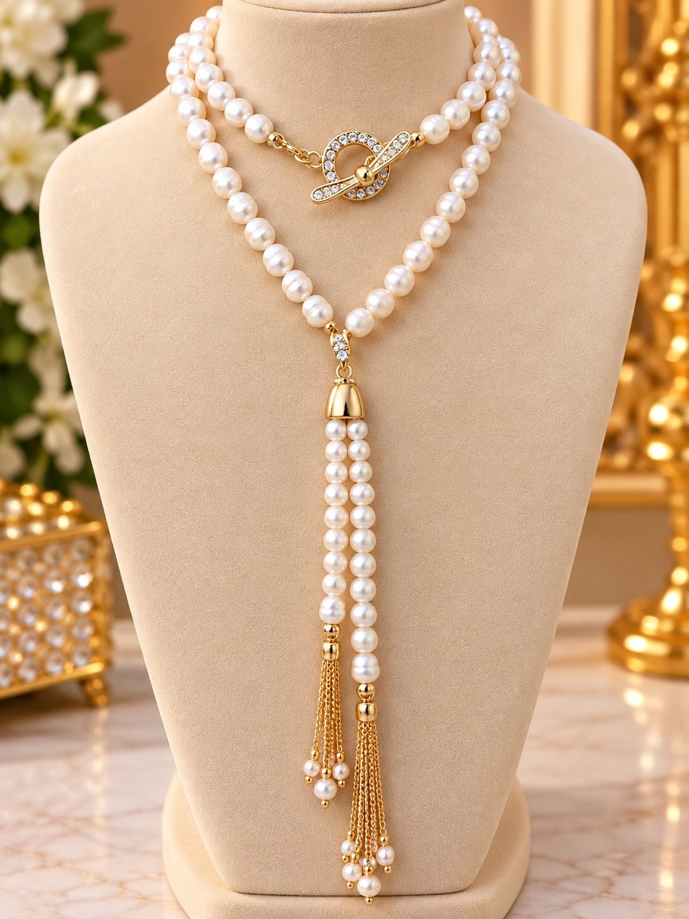 Elegant Pearl and Gold Tassel Necklace - White Pearls 176